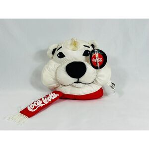 Vintage 1993 COCA COLA Plush Polar Bear Head Glass Suction NEW Window Cling